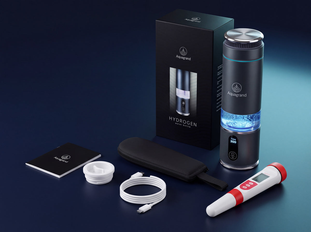 What's in the box: AQUAGRAND bottle, gift box, 4-in-1 water meter, protective case, USB-C cable, generator cap and user manual