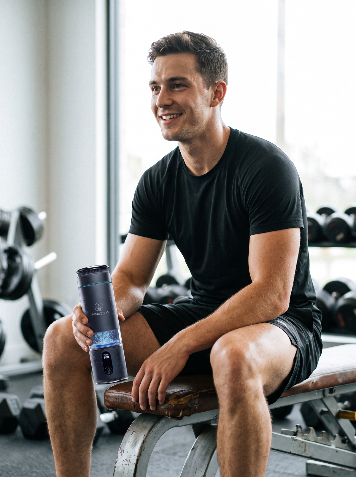 Man holding the AQUAGRAND bottle in the gym