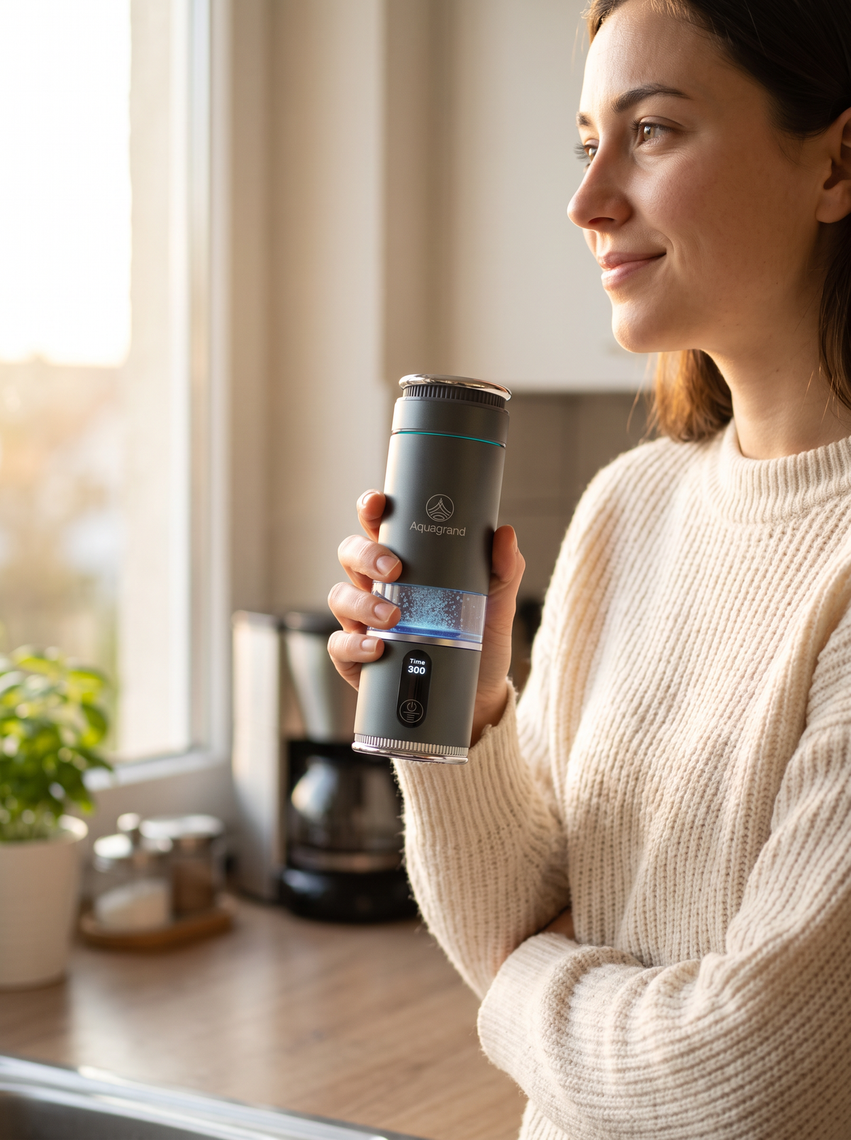 Woman holding the AQUAGRAND bottle by the kitchen window in the morning