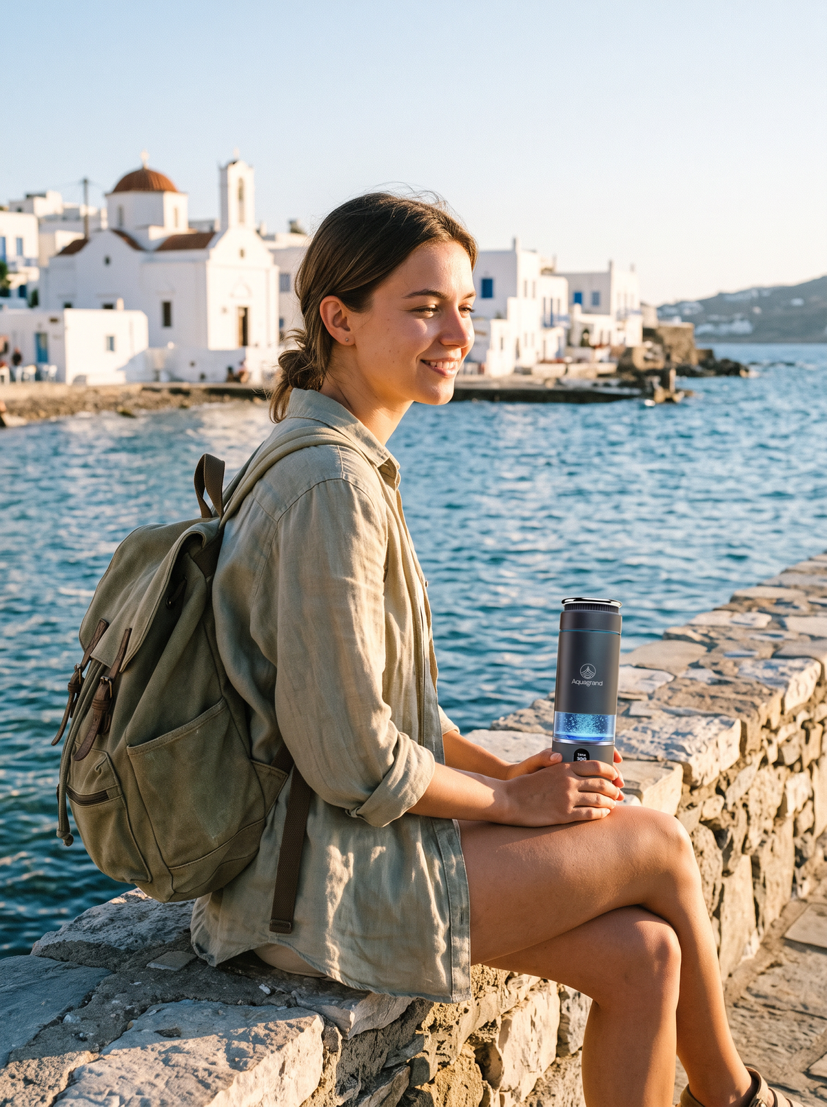 Traveler with the AQUAGRAND bottle sitting by the sea