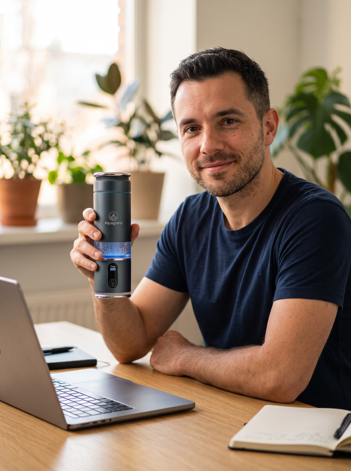 Man holding the AQUAGRAND bottle at his desk