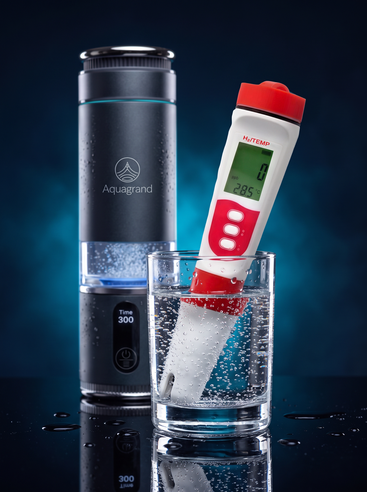 4-in-1 water meter measuring water next to the AQUAGRAND bottle