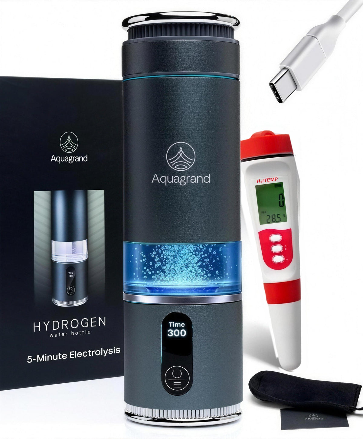 Full set: hydrogen water bottle, gift box, 4-in-1 water meter, USB-C cable and protective case